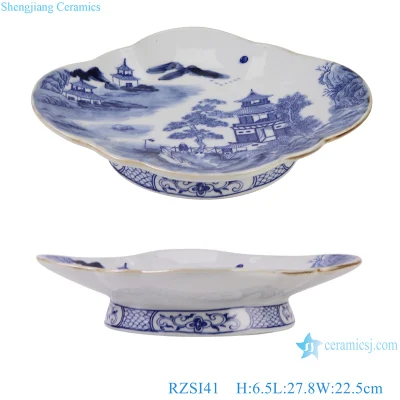 Jingdezhen Piatto da frutta in porcellana bianca e blu con motivo paesaggio, forma ovale e base alta in ceramica